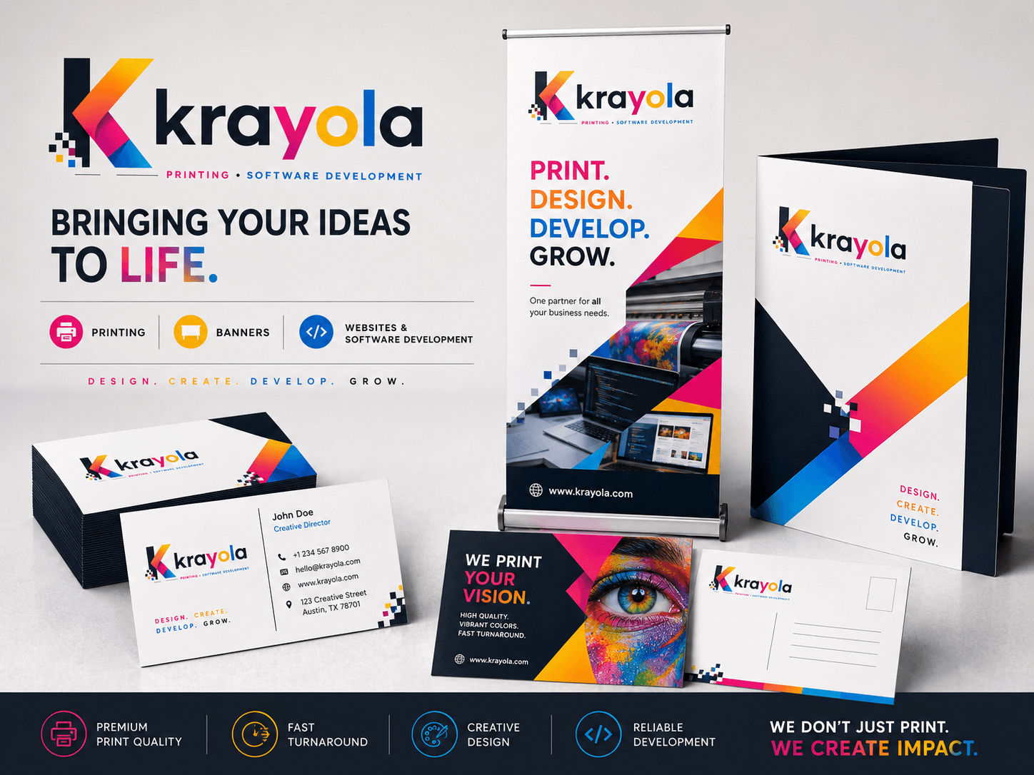 Vibrant printed materials and large banner mockups